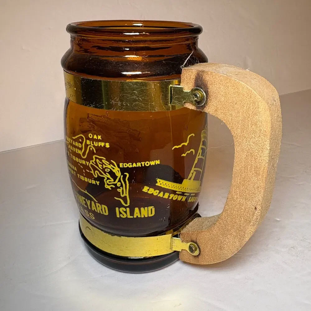 Vintage Marthat's Vineyard Mass Souvenir Brown Glass Barrel Mug Wood Handle